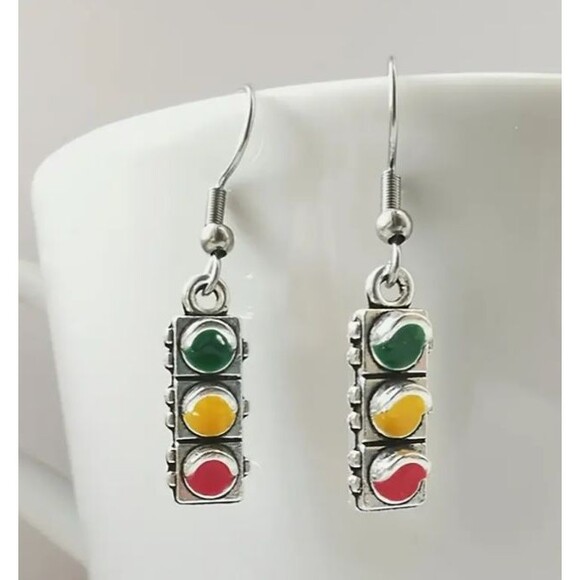 Stop Light Earrings Silver Dangle Red Green Yellow - Picture 2 of 8